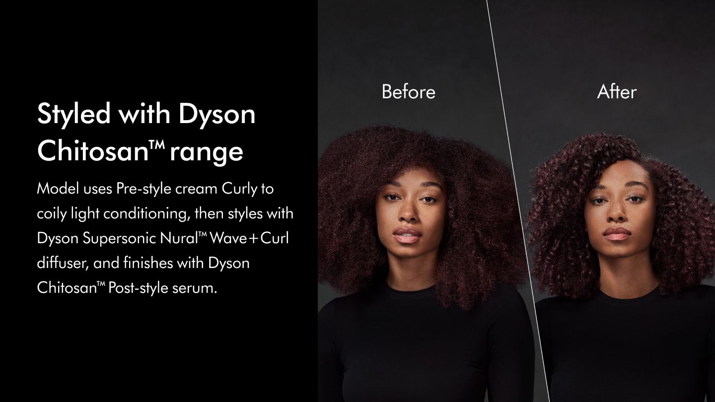 Before and after of model with curly to coily hair using Chiosan pre-style light conditioning cream